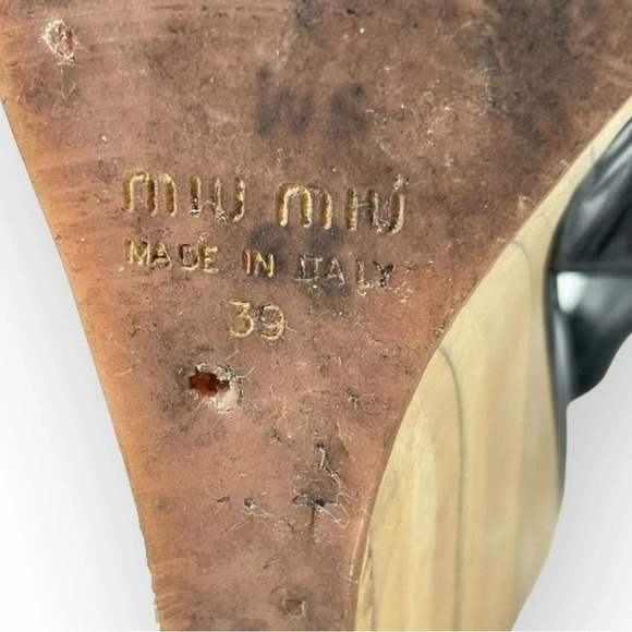 Miu Miu Black Patent Leather  Peep Toe Slingback Wooden Wedge Heel 39 - Picture 14 of 14